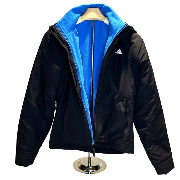 Women's Adidas Two in One Hooded Jacket Fleece Insert Black Blue, Size Small EUC - Picture 1 of 5